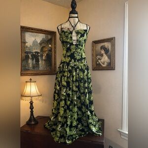 Endless Rose Floral Midi Dress Smocked Back Green Black Jacquard Sz S Sleeveless